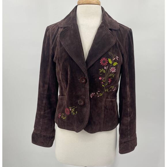 Y2K Suede Leather Jacket Floral Embroidery Front Button Down Brown Womens Medium - Picture 2 of 12